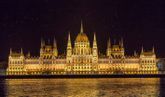 'Birds flock over Budapest Parliament at night' By Richard Martin